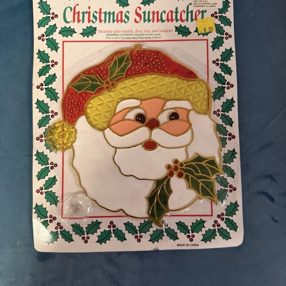 Vintage Christmas Crystalline Window Decoration Santa Stained Glass Look Retro